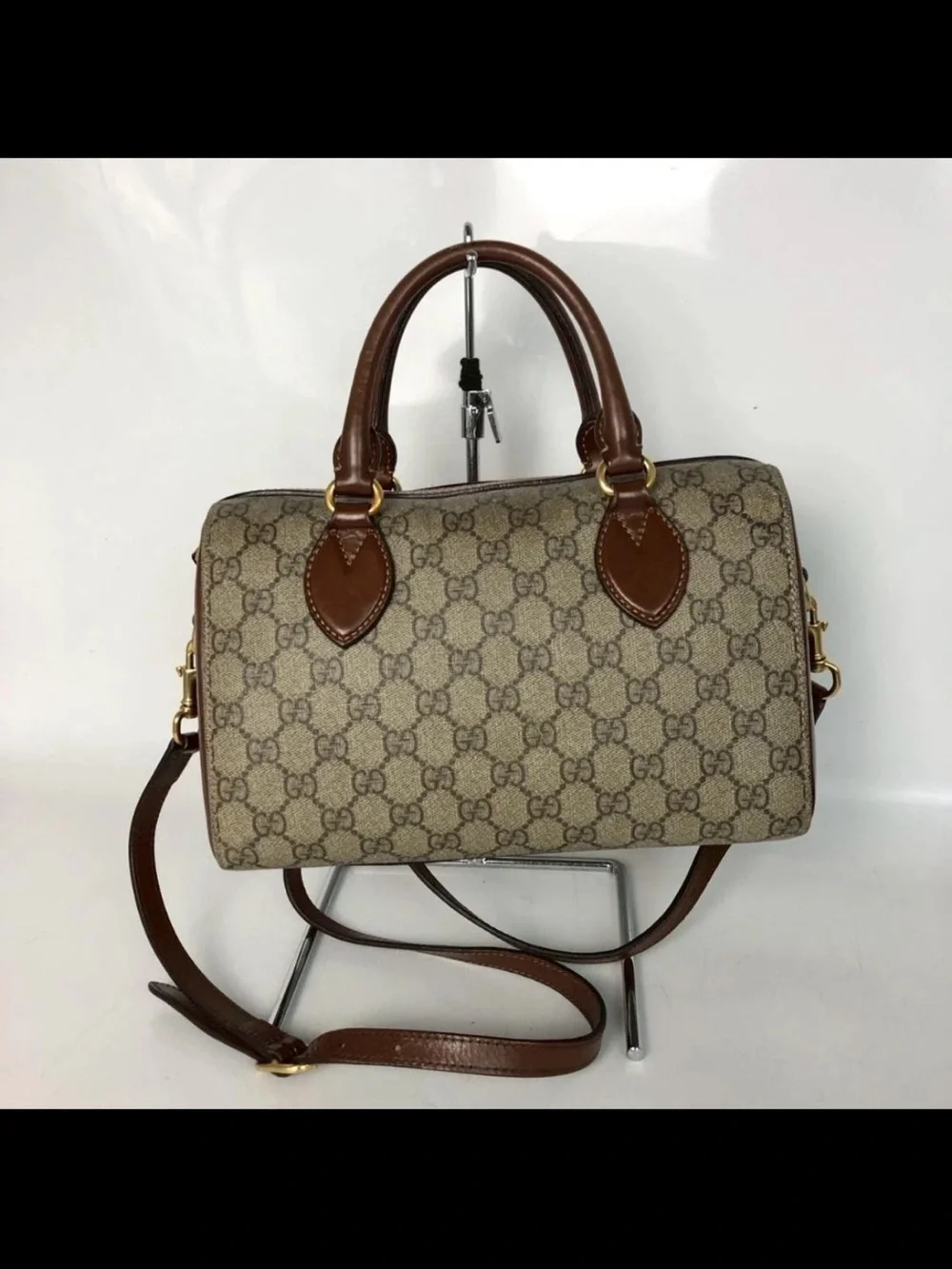 Gucci Beige GG Canvas Satchel with Brown Leather Trim